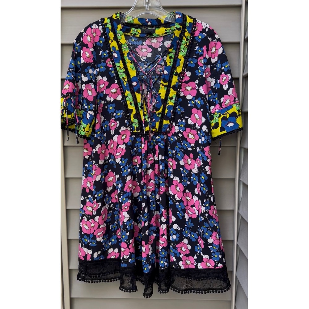 Topshop Neon Floral Lace Up Babydoll dress. Boho Pom Pom